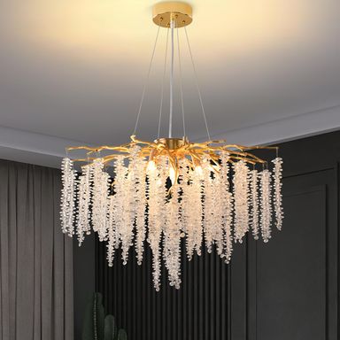 Crystal Tree Branches Chandeliers Gold Luxury Round Raindrop Pendant Light Fixture 9 Light Tassel Ceiling Hanging Light for Dining Room Bedroom Living Room Entryway 23.7" Round D23.7" Gold