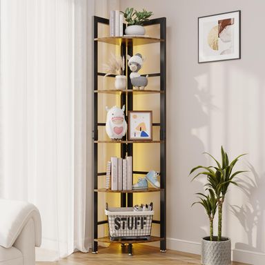 OtterOsis Corner Shelf Stand, 5-Tier Corner Shelf with LED Light, 70 Inch Tall Display Shelf for Living Room, Bedroom, Bookshelf, Industrial Ladder Shelf with Steel Frame, Plant Shelf (Brown)
