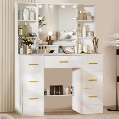 Large Vanity Table, White Vanity Set with Mirror and Lights, 7 Drawers 8 Shelve Makeup Desk with Metal Handles for Girls and Women, White 3240
