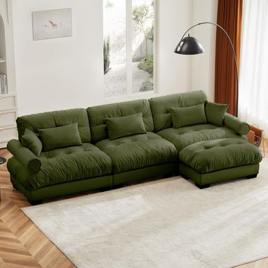 130"Oversized Couch, 3 Seater Modular Sectional Sofa, Olive Green Large L Shaped Sectional Couches for Living Room, Fluffy Couch Set, 3 Seater, Velvet Cloud Couches with Ottoman, Sofas for Living Room 3 Seater + 1 Ottoman Olive Green