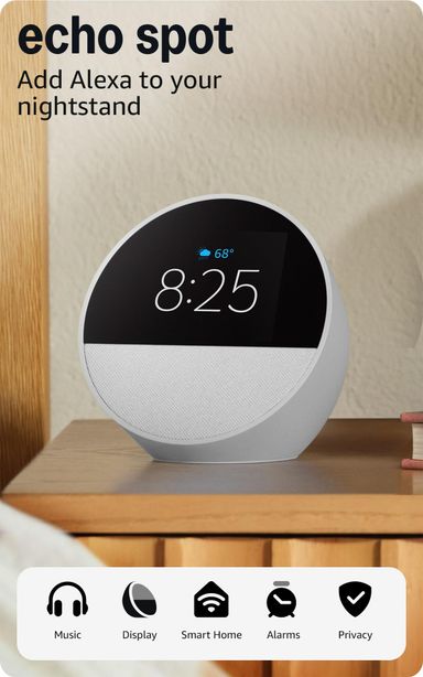 Amazon Echo Spot (newest model), Great for nightstands, offices and kitchens, Smart alarm clock with Alexa+ Early Access, Glacier White Glacier White Device only