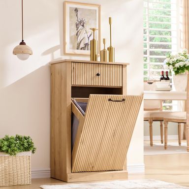 Modern Tilt-Out Trash Can Cabinet, 10 Gallon Fluted Laundry Hamper Cabinet with Drawers, Wooden Hidden Garbage Can Cabinet w/Storage Basket, Free Standing for Kitchen & Living Room,Natural Oak 13"D x 21.4"W x 35.8"H (Single) Natural Oak