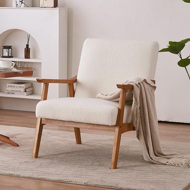 Amazon.com: Karl home Mid-Century Accent Chair Modern Retro Leisure Chair with Solid Wood Frame Upholstered Teddy Fleece Fabric Single Sofa Armchair for Living Room, Bedroom, Balcont, Creamy-White : Home & Kitchen