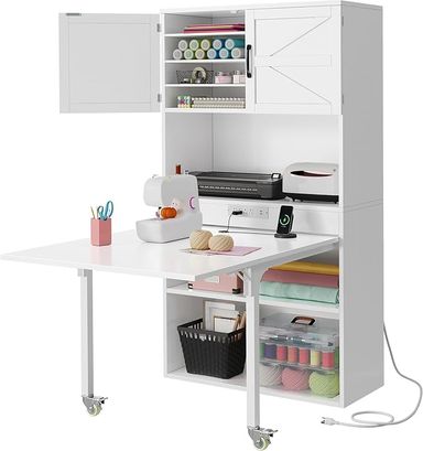 Amazon.com: DWVO Sewing Craft Table with Storage, Craft Armoire with Fold-Out Table and USB Power Outlets, Large Capacity Sewing Cabinet with Expandable Desk, Adjustable Shelves for Home or Studio