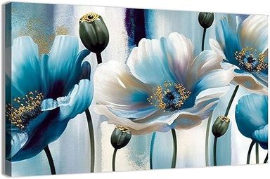 Amazon.com: Lotus Flower Canvas Wall Art for Living Room White and Indigo Blue Floral Picture Wall Decor for Dining Room Bedroom Bathroom Kitchen Print Painting Ready to Hang 36 * 24inches Framed: Posters & Prints