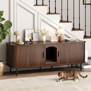 Double Cat Litter Box Enclosure Furniture, 59" Large Hidden Litter Box Furniture with Scratching Pad, Wood Pet House for 2 Cats, Indoor Modern Cabinet TV Stand for Living Room, Walnut 59" Walnut