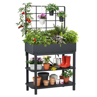 Elevated Planter Box with Trellis Raised Garden Bed with Legs Outdoor Standing Flower Beds for Patio Vegetable Herb