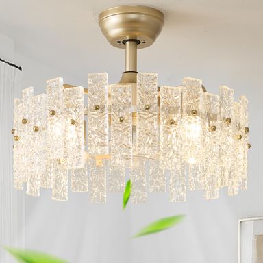 Crystal Chandelier Fan Caged Ceiling Fan with Light Glass Semi Flush Mount Fandelier Remote Control 6 Speeds 20 Inch Low Profile for Girl's Bedroom Living Room Kitchen Island