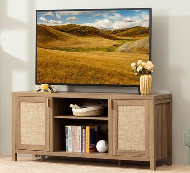 SICOTAS TV Stand for Living Room : Rattan TV Console Cabinet with Storage and Shelf, Boho Entertainment Center, 59" Media Console for 55, 65 Inch TV, 26" Tall Television Stands, Oak
