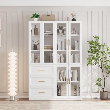 VOWNER Bookcase with Glass Doors & Drawers, 5 Tier Bookshelf with Adjustable Shelf, Modern Large Storage Display Cabinet Set for Home Office, Living Room, White (BC)