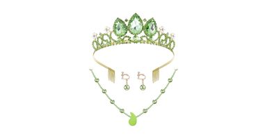 Haysandy 3 Pcs Princess Costume Jewelry Accessory Women Green Dress-up Crown Peal Necklace with Peal Earrings for Dress-up Tiara Birthday Decorations Princess Girl Women Cosplay Party Accessories