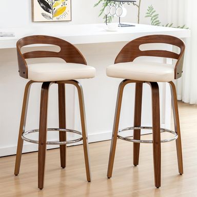 Counter Stools Set of 2, Counter Height Bar Stools with Walnut Crafts, Bentwood Curved Back, Upholstered Faux Leather, Soft Cushion Seat, Swivel Counter Chairs for Island/Pub (Beige, 26" Seat Height) Walnut Beige Set of 2/ 26 inch