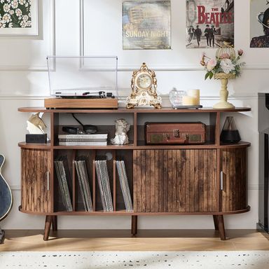LELELINKY Large Round Record Player Stand with Charging Station & Fluted Panel, Brown Mid Century Modern Turntable Cabinet with Vinyl Storage, Arched Wood Record Player Table for Living Room Brown Large