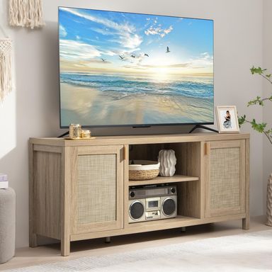 SICOTAS Rattan TV Stand for Living Room - 26" Tall TV Console Cabinet with Storage and Adjustable Shelf, Boho Entertainment Center, 59" Media Console for 50, 55, 65 Inch TV, Light Oak ‎15.5 x 59 x 26 inches Reclaimed Light Oak