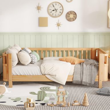 Twin Bed Frames Kids with Rails, Wood Montessori Twin Bed with Slats Support, Modern Low to Ground with Removable Bed Rails for Girls Boys Bedroom Living Room, Natural Natural Twin