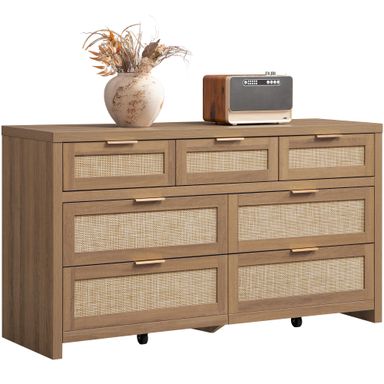 SICOTAS 7 Drawer Dresser for Bedroom, 57" Wide Rattan Dressers, Large Chest of Drawers for Bedroom, Dresser TV Stand, Boho Closet Organizer (Reclaimed Caramel Oak, 7 Drawers (1 pc)) Reclaimed Caramel Oak(7 Drawers) 1 Piece