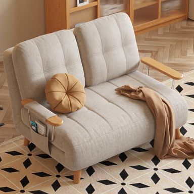 Convertible Chair Bed, Futon Sofa Bed Sleeper Chair with Solid Wood Leg and Storage Pocket, Linen Fabric Sofa Couch Guest Bed for Living Room, Bedroom, Office, Apartment (44.5") 44.5" Beige