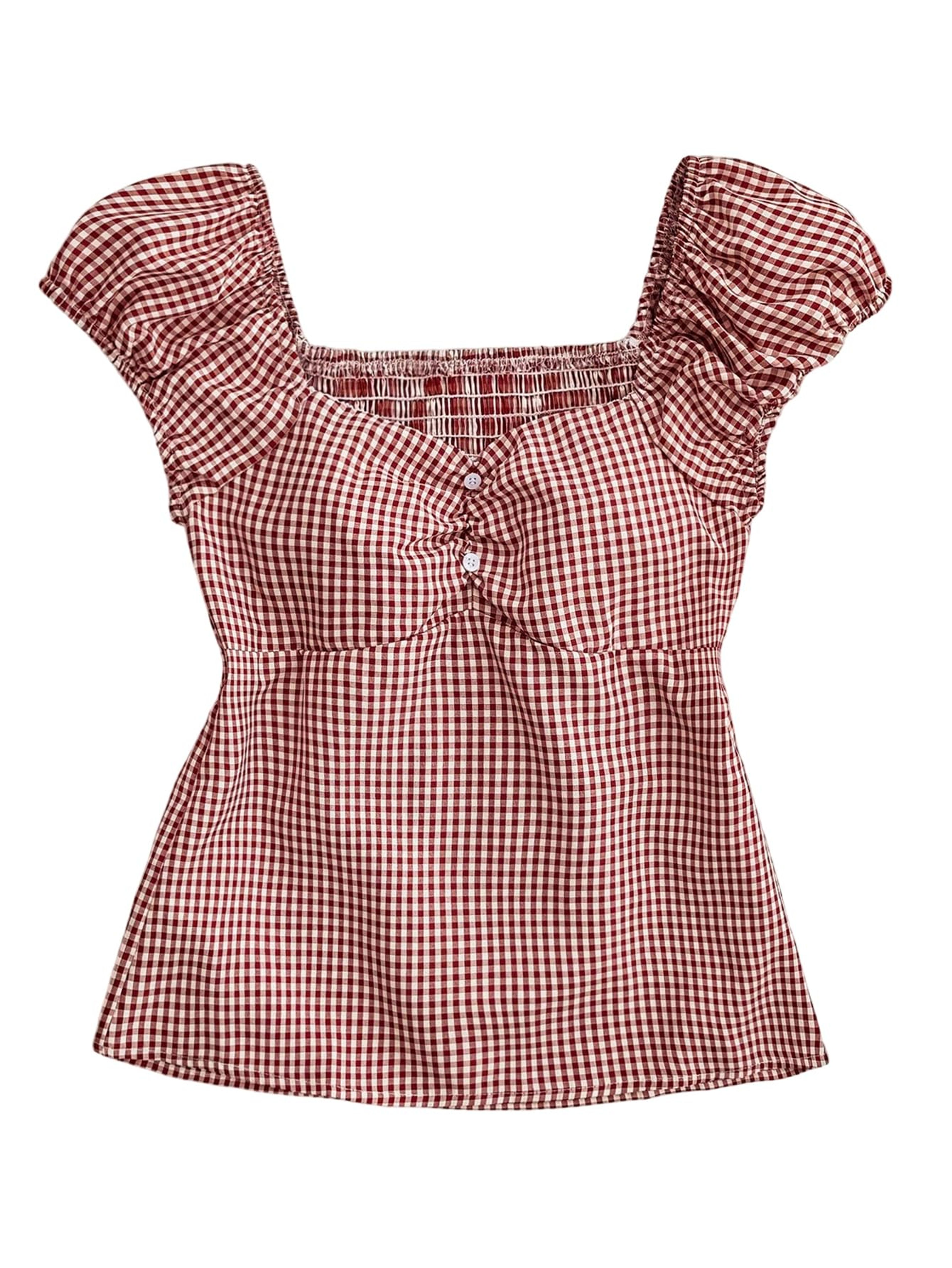 SOLY HUX Girls Red Plaid Gingham Top Y2K Sweetheart Blouse 12Y