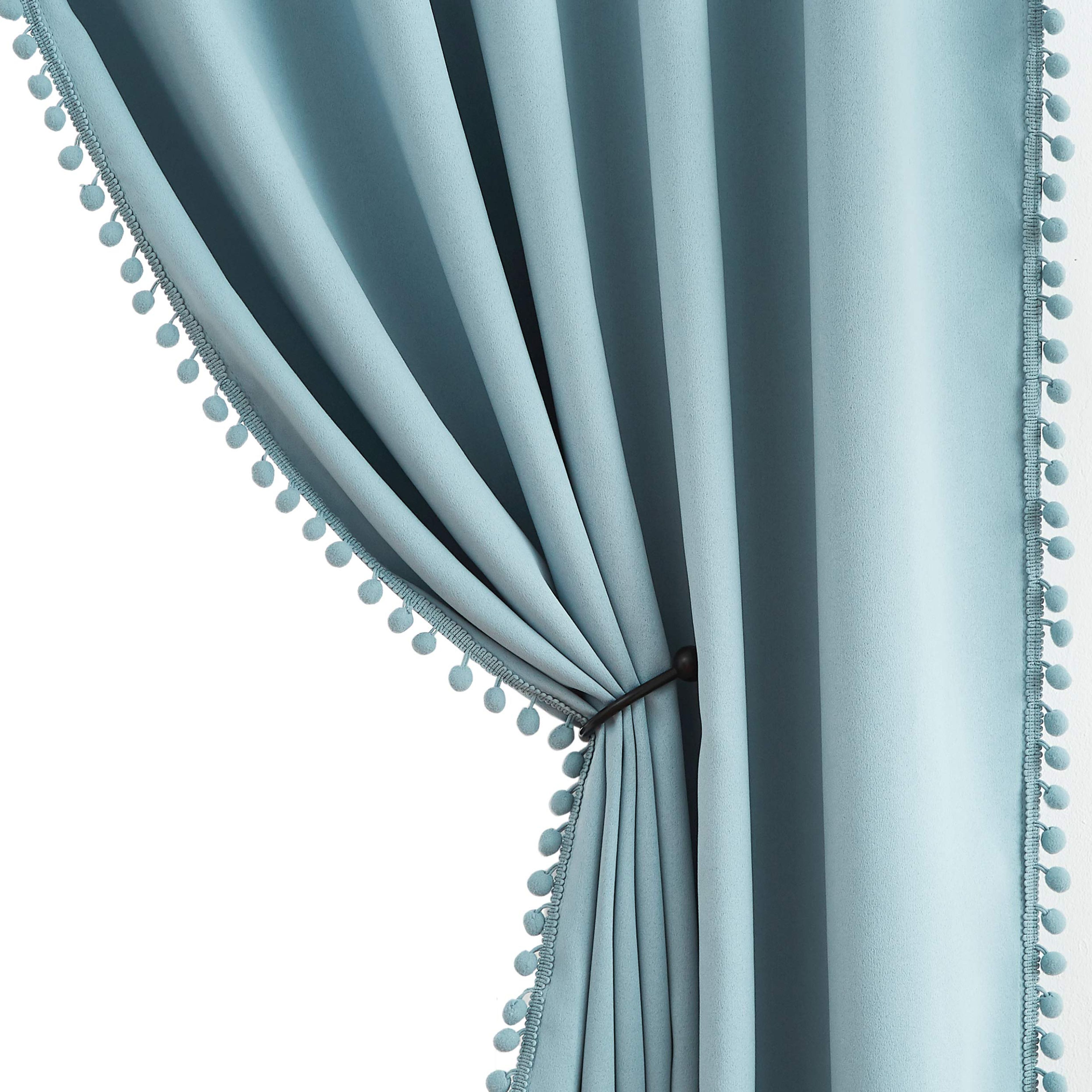 Blue Pom-Pom Thermal Curtains 52x84 Inch Pair - Energy Efficient