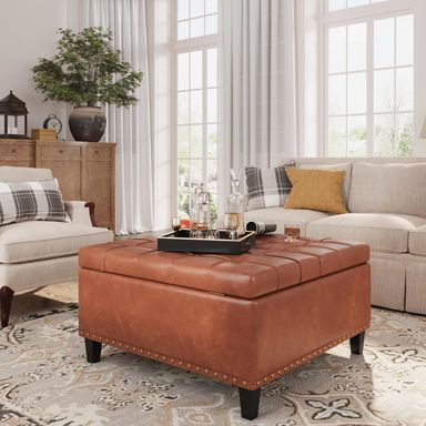 Square Leather Ottoman with Storage, Leather Coffee Table Ottoman with Lift Top, Large Upholstered Footrest Stool Toy Box Storage for Livingroom Bedroom, Brown Brown 31.5"D x 31.5"W x 17"H