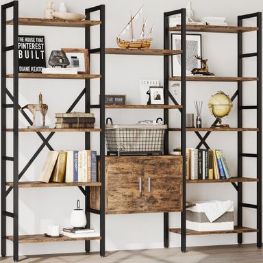 70 x70" Triple 5 Tier Book Shelf, Industrial Large Bookcase with Storage Cabinet, Tall Bookshelf with 14 Open Display Shelves Metal Frame Furniture for Living Room Bedroom Home Office Rustic Brown Rustic Brown 5 Tier