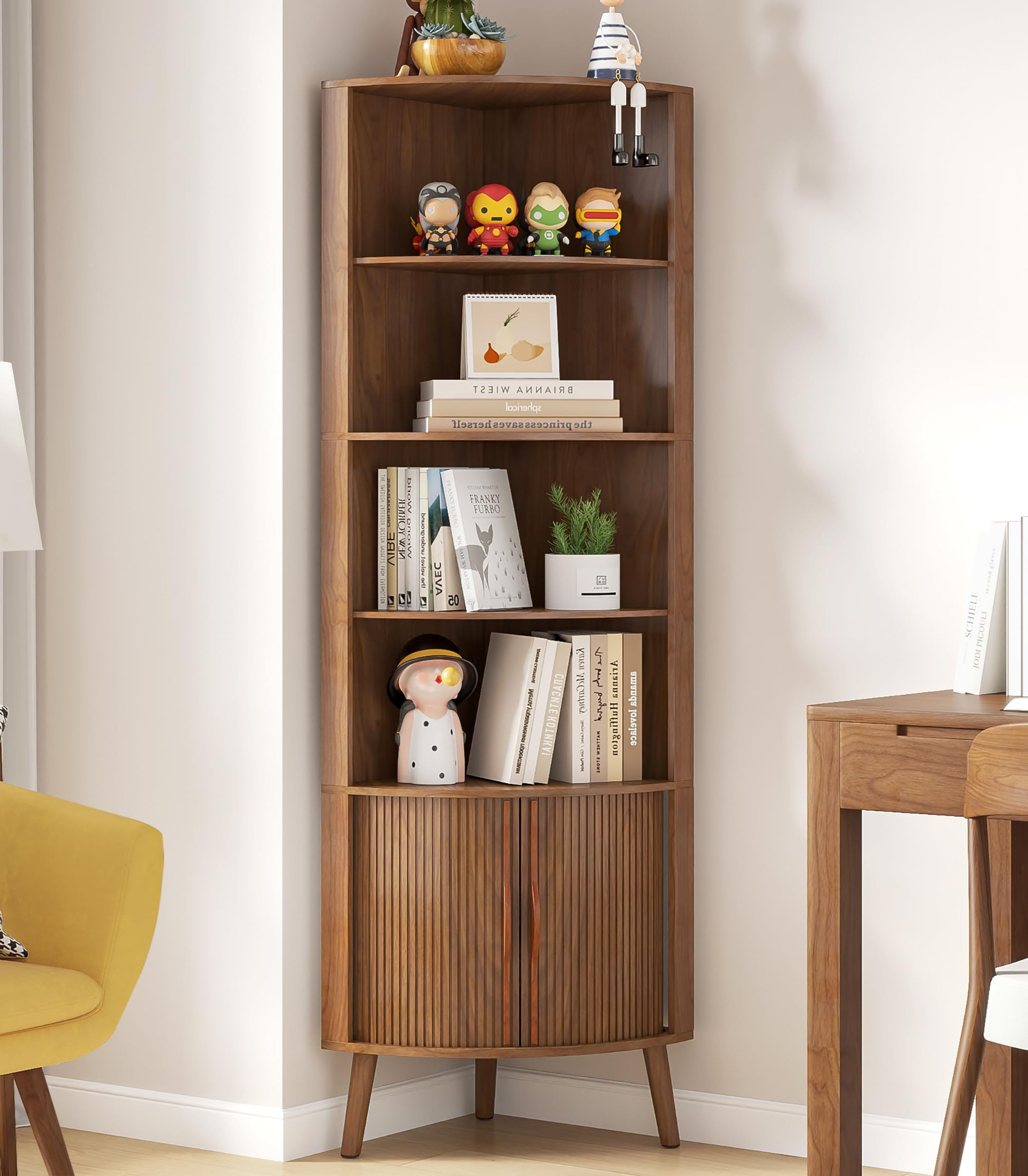 Modern 5-Tier Walnut Corner Bookshelf with Fluted Doors, 66.73" Tall
