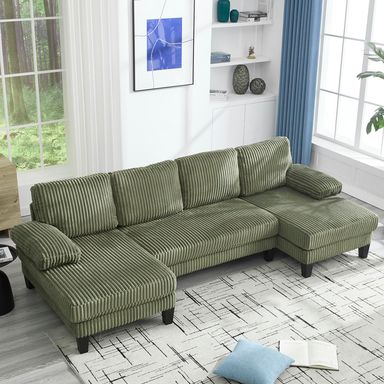 114.2" W U-Shaped Sectional Sofa for Living Room, Comfy Corduroy U-Shaped Couch with Double Chaises & Comfortable Backrest, 4-Seater Comfy Cloud Sofa for Office & Small Space, Green