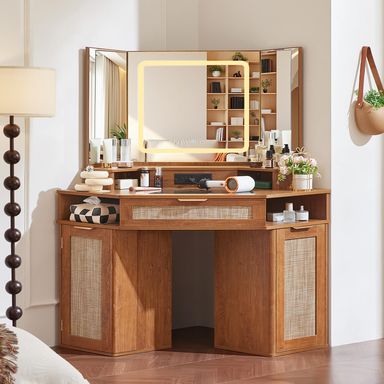 Lerliuo Corner Vanity Desk with 3 Way Mirror and Lights, 46'' Rattan Makeup Vanity with Glass Top Drawer, Vintage Brown Make Up Storage Cabinets with Charger for Bedroom without stool Tea Brown
