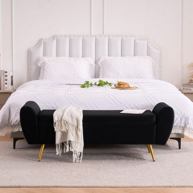 Velvet Storage Bench for Bedroom, 57" Long Bench for King Size Bed, Modern Upholstered End of Bed Ottoman Bench with Arms and Gold Legs for Entryway Living Room (Black) Velvet-black