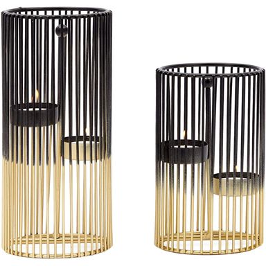 Juvale Set of 2 Black and Gold Geometric Candle Holders for Modern Table Decor (2 Sizes) - Black and Gold Candle Holder Set for Table Centerpieces
