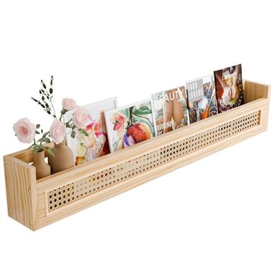 Wood and Rattan Wall Shelf - 36'' Nursery Floating Shelves for Storage, U-Shape Natural Pine Wood Wicker Shelf | Boho Decorative Shelves for Neutral Nursery Decor, Living Room, Bedroom Natural Pine Wood Rattan Shelf
