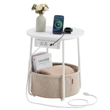 VASAGLE Side Table with Charging Station, Round End Table With Fabric Basket, Nightstand with Power Outlets USB Ports, for Living Room, Bedroom, Modern, Matte White and Camel Brown ULET228W01