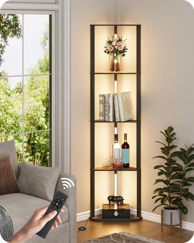 63.4” Display Shelf with Light, Modern Corner Floor Lampe with Shelves, LED Dimmable Standing Lamp with Remote for Living Room, Bedroom, Office, Adjustable CCT, Black Triangle B55LD05