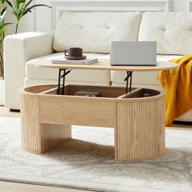 QHITTY Fluted Coffee Table with Lifting Top, Oval Wood Lift Top Coffee Table with Hidden Compartment, Mid Century Pull up Center Tables for Living Room, Office - Natural