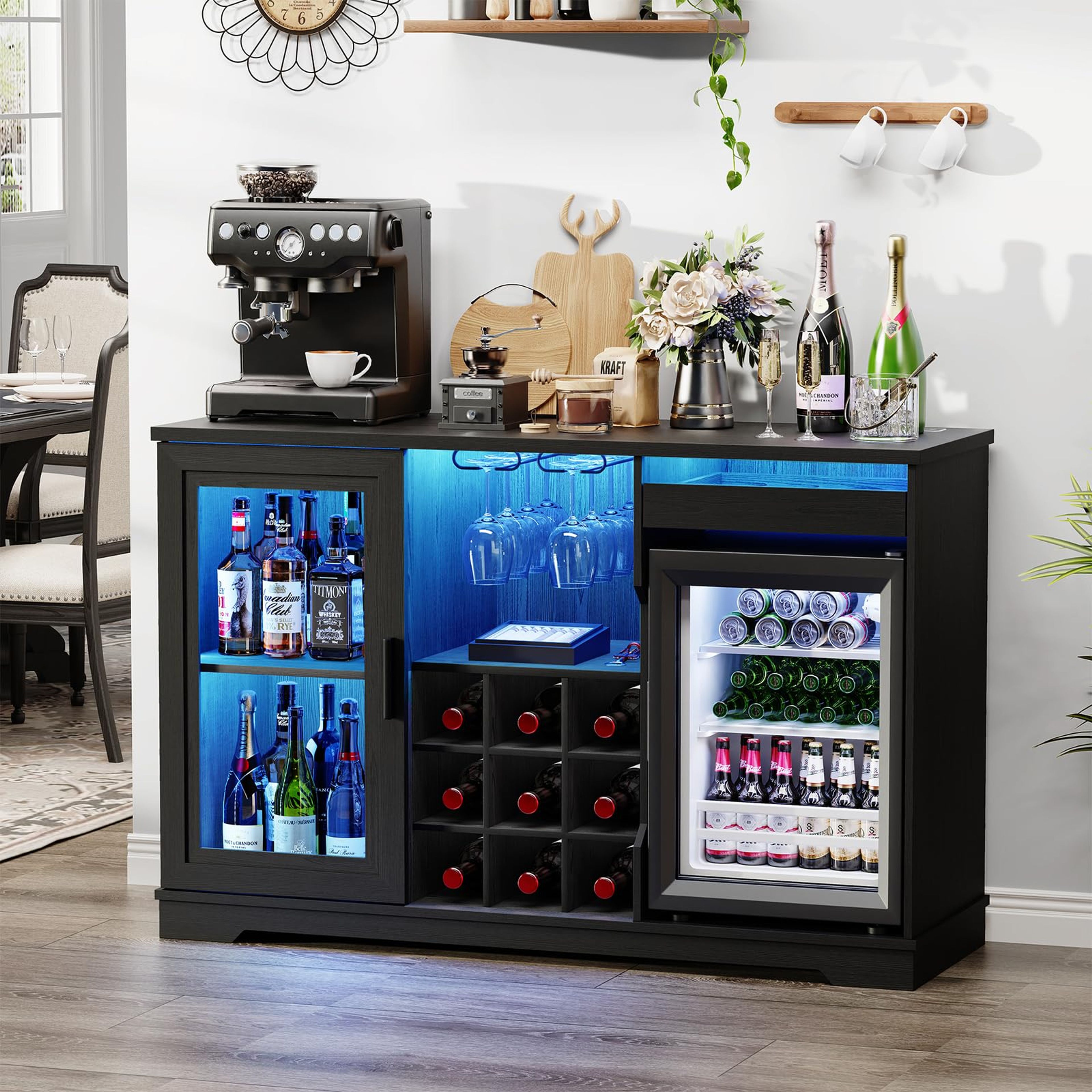 Black Wine Bar Cabinet with Mini Fridge & LED Lights