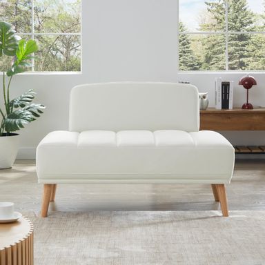 45" Inch Width Modern End of Bed Bench, Leathaire Fabric Upholstered 2 Seater Sofa Couch Entryway Ottoman Bench, Stool Footrest Window Bench with Gold Wood Legs for Bedroom, Living Room,Beige