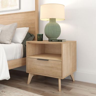 Plank+Beam Haven Nightstand with Shelf - Solid Pine & Engineered Wood, 1 Drawer, Open Cubby, Low-VOC Finish, Easy Assembly with Anti-Tip Kit, Blonde with Black Handle Blonde 1-Pack