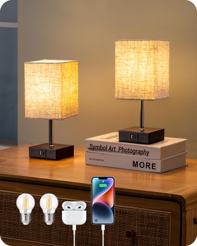 EDISHINE Set of 2 Tactile Bedside Lamps, with USB-A & USB-C Charging Port, Including E27 LED Bulb, 3 Adjustable Brightnesses, LED Table Lamp for Bedroom, Living Room, Hotel, Beige Lampshade