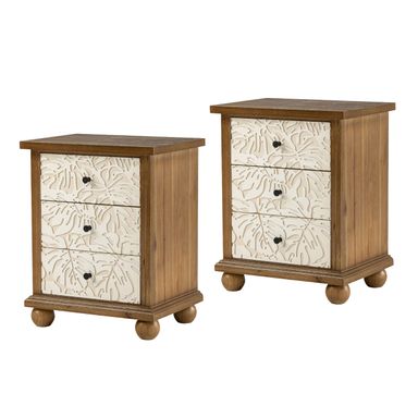 Farmhouse 3-Drawer Nightstand with Leaves Pattern Carved, Set of 2 Vintage French Country End Table for Bedroom, Living Room, Distressed Finish, White & Brown