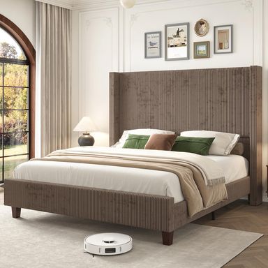 HOWE Queen Size 61" Corduroy Upholstered Bed Frame, Platform Bed with Vertical Stripe Wingback Headboard, No Box Spring Needed/Noise Free/Solid Wood Slats & Legs/Chestnut Chestnut Queen