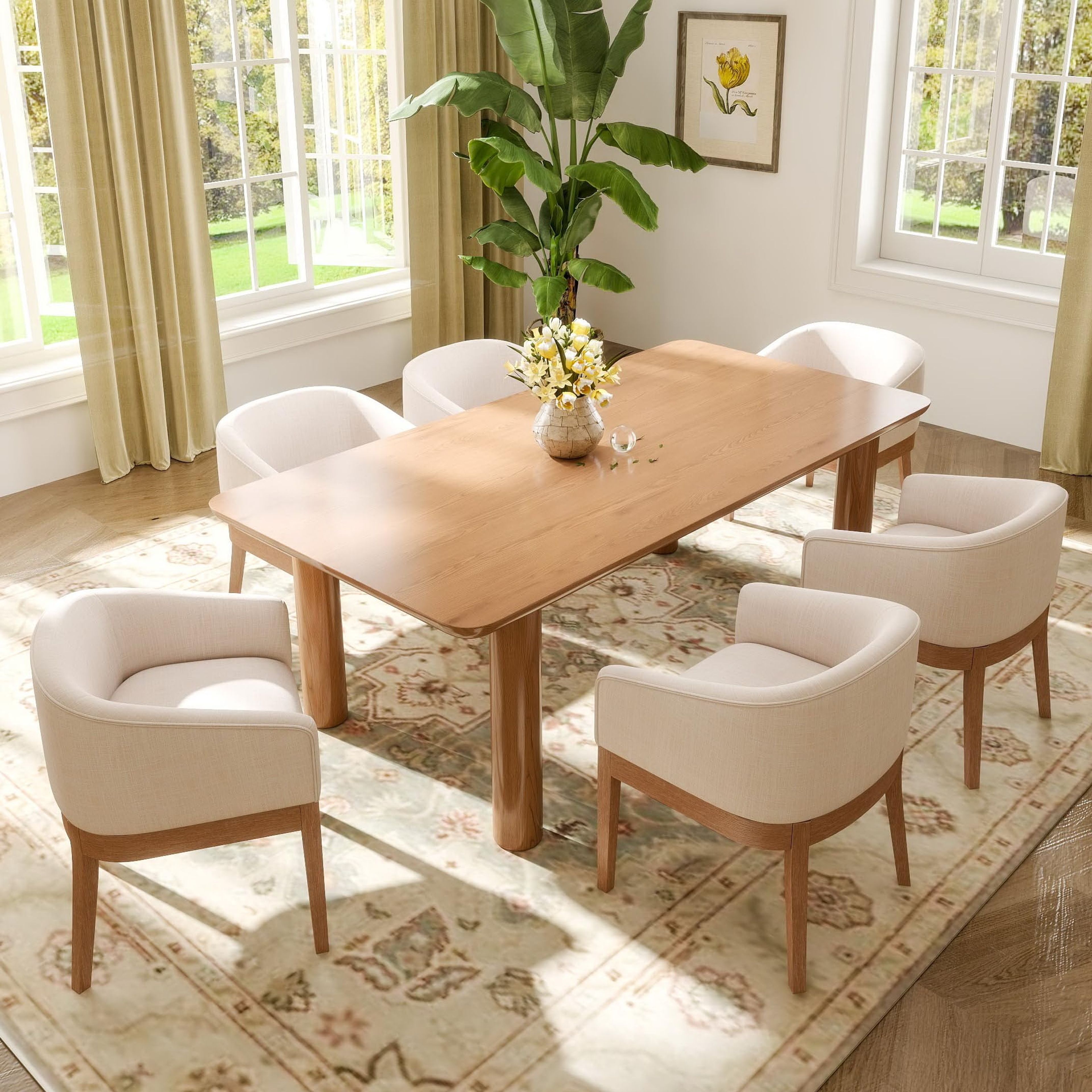 Set of 6 Beige Linen Mid-Century Modern Dining Chairs
