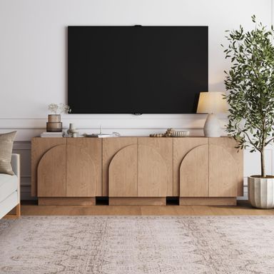 Nathan James Iris Mid-Century Modern Credenza, Brown TV Stand, Living Room Wood Storage Cabinet with Arched Cabinet Doors, Raw Oak, Set of 3 Raw Oak Set of 3 Console Table