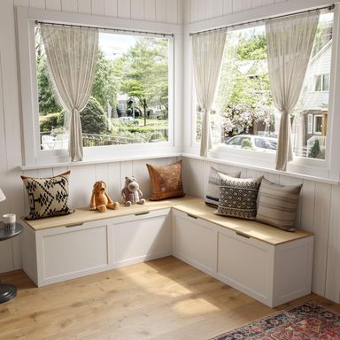 L Shape Kitchen Breakfast Nook Bench, Kitchen Corner Nook Bench Seating with Hidden Storage, Corner Dining Bench for Entryway, White and Oak, 63”D x 63”W x 17.7”H Oak and White