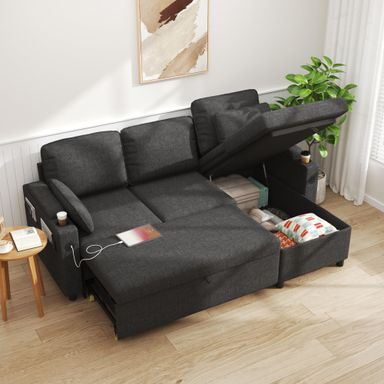 DURASPACE Sofa Bed Pull Out Sleeper Couch 2 in 1 Convertible Sectional Sofa with Storage,USB, Cup Holder, Sectional Couches for Small Space Apartment Living Room, Dark Gray