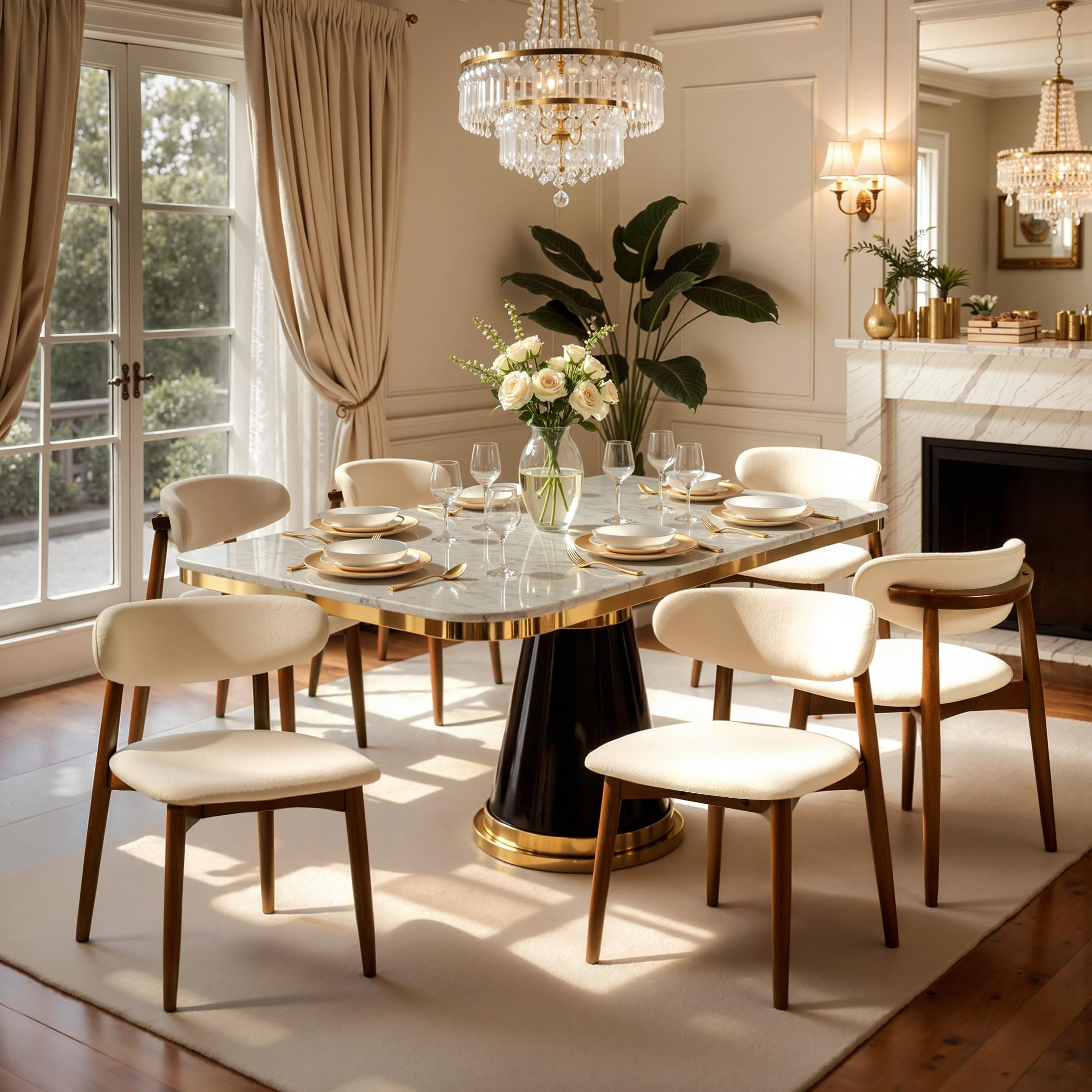 CHUN YI Beige Mid-Century Modern Dining Chairs Set of 6