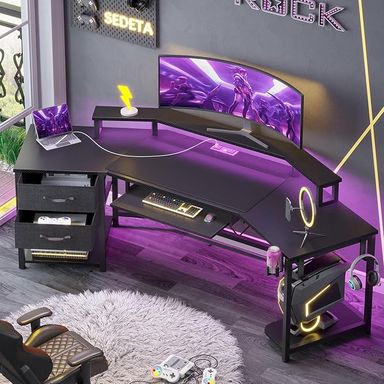 Amazon.com: SEDETA 79" Gaming Desk, Computer Desk with 2 Fabric Drawers & LED Light, L Shaped Gaming Desk with Storage Shelf for Home Office, Carbon Fiber Black : Home & Kitchen