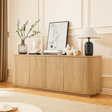 64'' Fluted TV Stand for TVs up to 75'', Mid Century Modern TV Console with 4 Door, Entertainment Center with Curved Profile Design, Media Console for Living Room