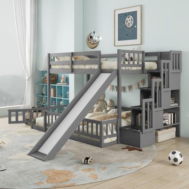 Twin Over Full Bunk Beds with Slide and Stairs, Low Bunk Bed Frame with Rails, Convertible Wood Bunk Bed with Storage Staircase for Kids Boys Girls, Gray