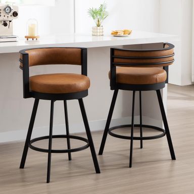 ONEVOG Swivel Counter Bar Stools Set of 2, 26.6 inch Seat Height Modern Barstools with Back and Metal Legs, Upholstered Funky Kitchen Island Chairs for 36"-40" Counters, Faux Leather Padded, Brown
