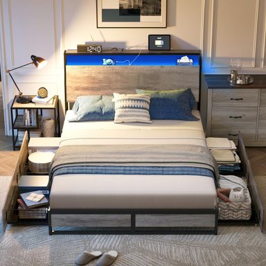 LINSY Queen Bed Frame with Drawers, LED Bed Frame with Headboard and Storage, Metal Queen Size Platform Frames with Charging Station, No Box Spring Needed, Easy Assembly, Rustic Grey